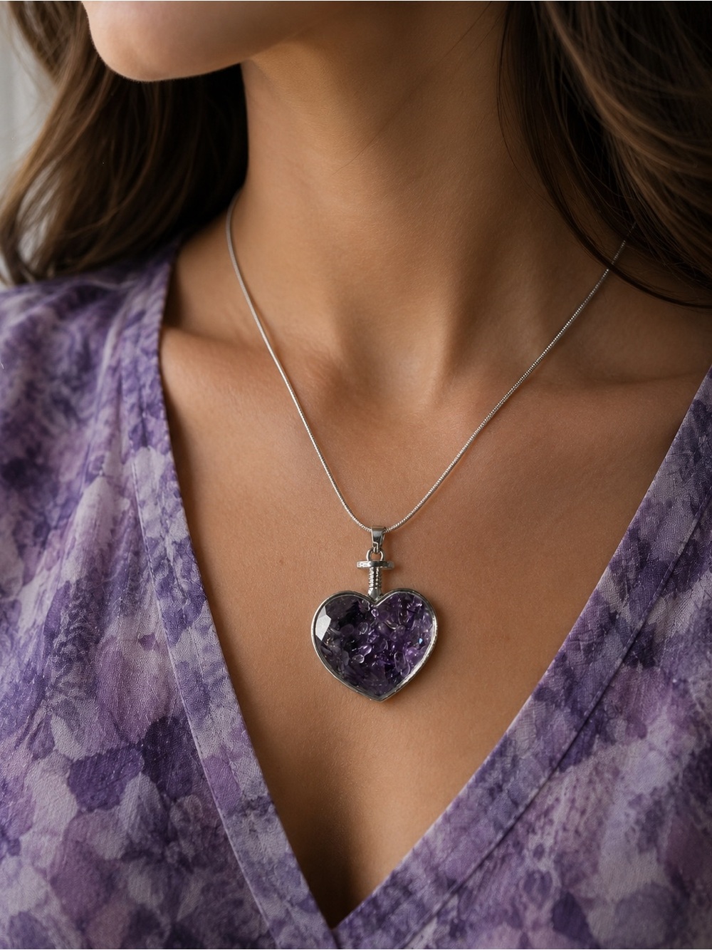 Heart Shaped Amethyst Pendant Necklace - Silver